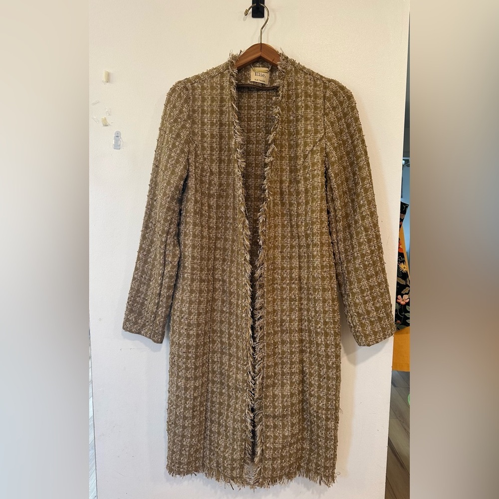 Elie Tahari Tan Tweed Fringe-Trim Long Blazer Coat